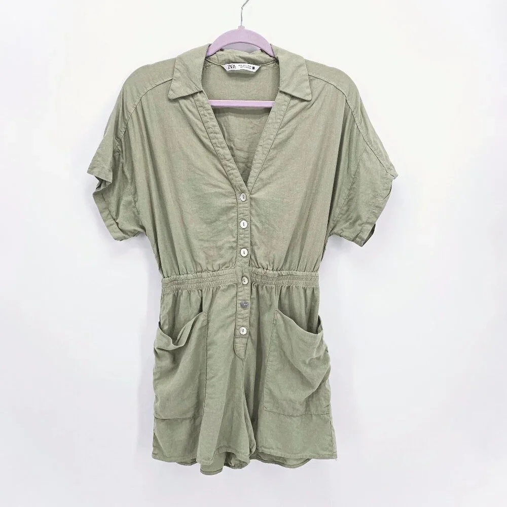 Zara Linen Blend Shirt Style Playsuit